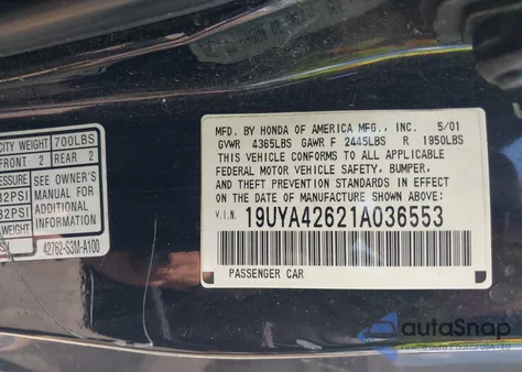 2001 Acura Cl 3.2 Type S z USA, uszkodzony, nr VIN 19UYA42621A036553